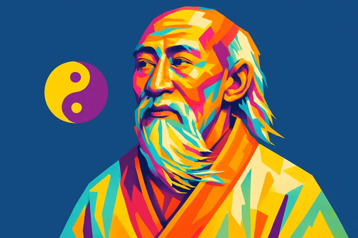 Retrato artístico e colorido de Lao Tsé, figura central da filosofia chinesa antiga e fundador do Taoismo. Conhecido por ser o autor do 'Tao Te Ching', Lao Tsé defendeu os princípios da harmonia com a natureza, da simplicidade e da não ação (wu wei). Ao fundo, o símbolo do Yin-Yang representa o equilíbrio entre forças opostas — conceito essencial em sua doutrina filosófica e espiritual.