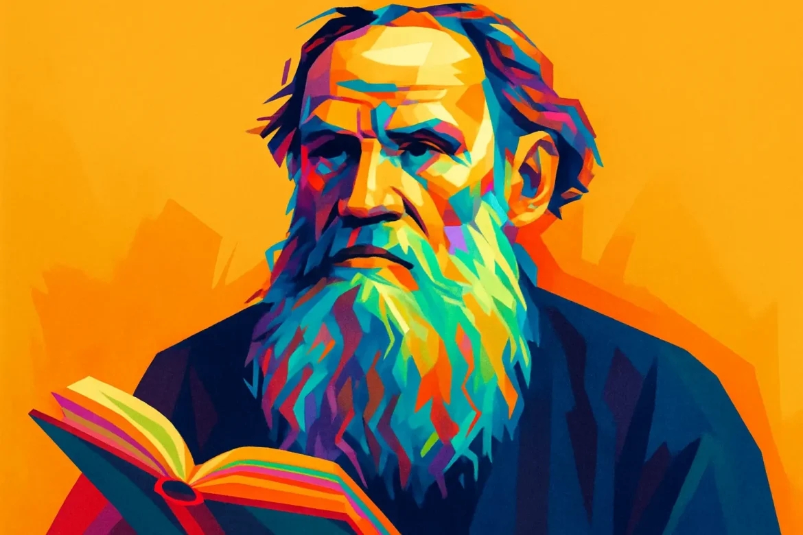 Retrato artístico em estilo moderno e vibrante de Leon Tolstói (1828 – 1910), autor russo de obras-primas como 'Guerra e Paz' e 'Anna Kariênina'. Com uma longa barba e expressão contemplativa, Tolstói aparece segurando um livro, símbolo de sua profunda ligação com a literatura e a filosofia. Reconhecido por sua crítica à sociedade e por seu engajamento com ideias pacifistas e espiritualistas, sua influência transcende a literatura, alcançando campos como a política, a educação e a ética.