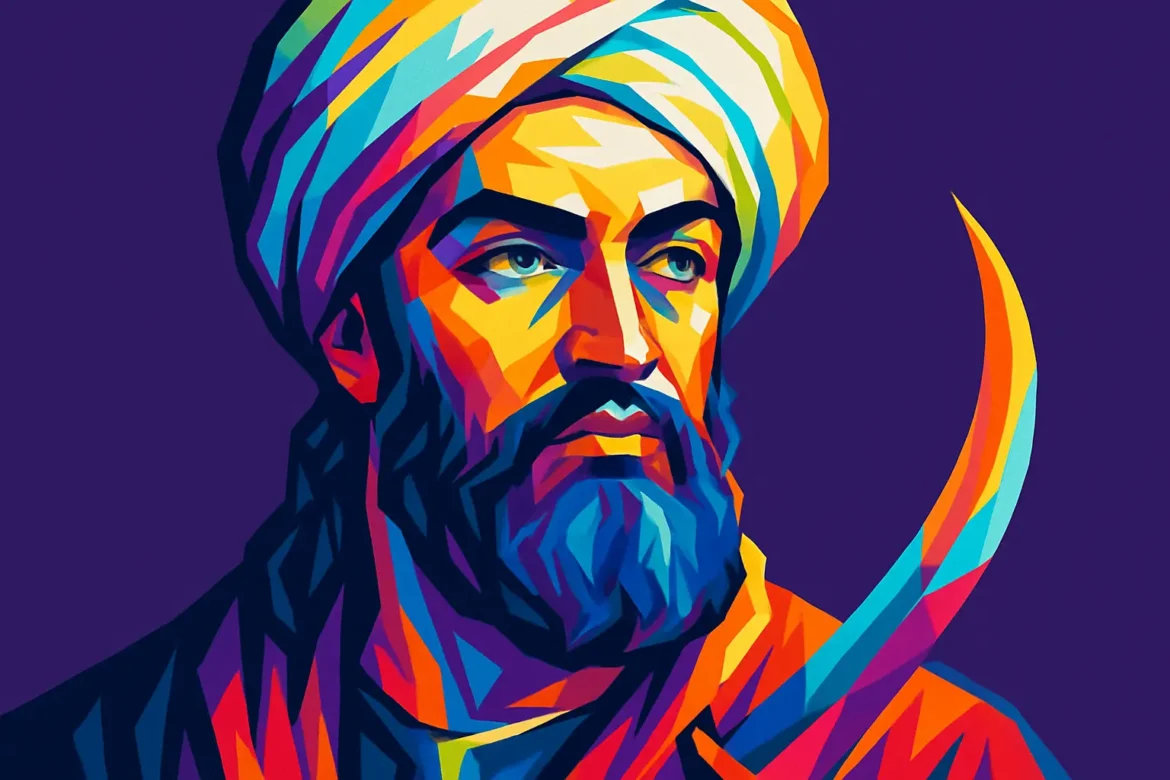 Ilustração em estilo pop art de Maomé, o profeta fundador do Islã, nascido em Meca por volta de 570 d.C. e falecido em 632 d.C. Na imagem, ele aparece com um turbante tradicional e uma expressão serena, simbolizando sabedoria e liderança espiritual. Embora representações visuais de Maomé sejam controversas e evitadas na tradição islâmica, esta obra busca transmitir sua importância histórica de forma simbólica e respeitosa, destacando seu papel fundamental na unificação religiosa, social e política da Península Arábica no século VII.