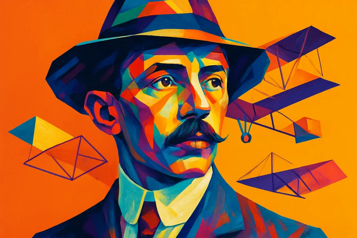 Retrato artístico e colorido de Alberto Santos Dumont (1873 – 1932), inventor e pioneiro da aviação brasileira. Com expressão determinada e vestindo chapéu, Dumont é representado em estilo geométrico vívido, com fundo laranja vibrante. Ao fundo, aparecem seus famosos modelos de dirigíveis e aviões, símbolos de suas contribuições revolucionárias para a conquista dos céus. A imagem celebra sua importância na história da aviação mundial e sua ousadia visionária.