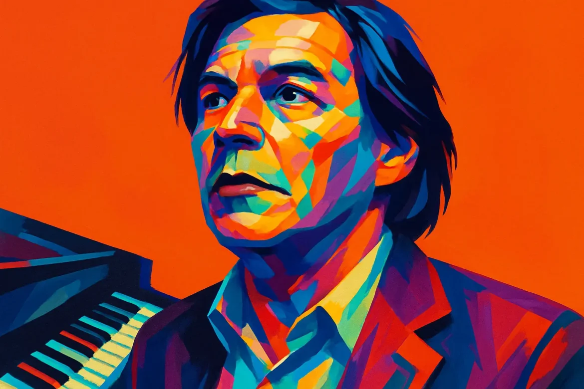 Ilustração colorida em estilo pop art de Tom Jobim, compositor, maestro, cantor e pianista brasileiro, um dos criadores da bossa nova. Ao lado de um piano, o retrato transmite a intensidade artística de uma das figuras mais icônicas da música brasileira, autor de clássicos como 'Garota de Ipanema' e 'Chega de Saudade'.