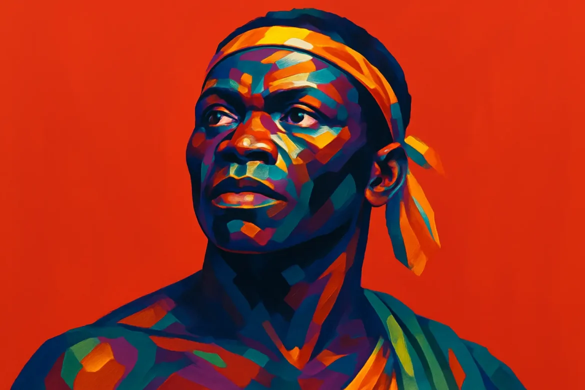 Retrato artístico e vibrante de Zumbi dos Palmares (1655 – 1695), líder quilombola e símbolo da resistência negra no Brasil colonial. Com um fundo vermelho intenso e cores marcantes que compõem seu rosto e vestimenta, a imagem transmite força e determinação. Zumbi foi o último líder do Quilombo dos Palmares, maior comunidade de escravizados fugitivos das Américas, e lutou bravamente contra o sistema escravocrata até sua morte em 1695. Sua figura histórica representa a luta por liberdade, dignidade e justiça social.