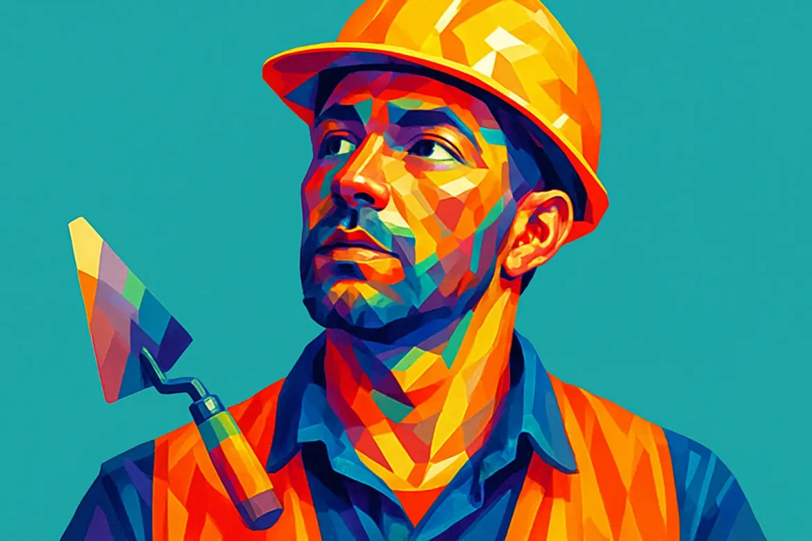 Ilustração artística em estilo pop art de um pedreiro usando capacete laranja e colete de segurança, com uma desempenadeira no ombro. A expressão confiante do personagem remete ao típico bom humor das ‘cantadas de pedreiro’, que se tornaram um ícone popular no Brasil por sua criatividade e ousadia na hora da paquera nas ruas e obras urbanas.
