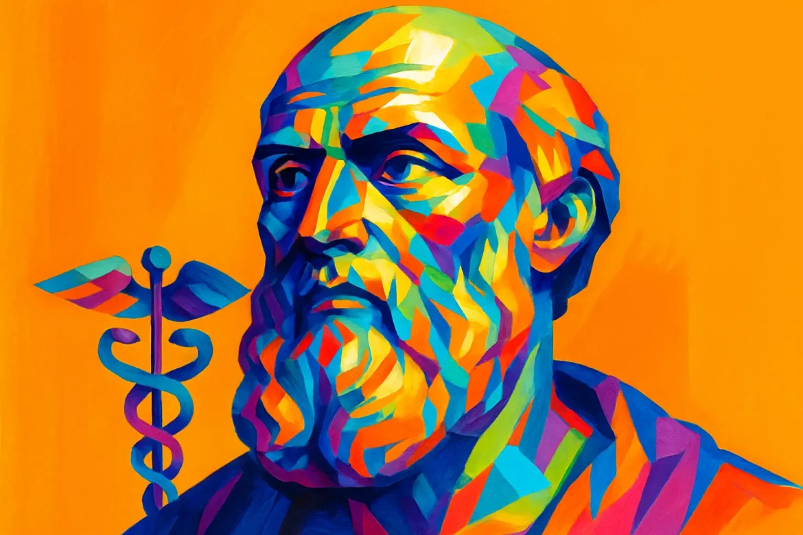 Retrato artístico e colorido de Hipócrates de Cós (c. 460 a.C. – c. 370 a.C.), amplamente reconhecido como o pai da medicina ocidental. A imagem estilizada traz um fundo laranja vibrante e o símbolo do caduceu, associado à medicina. Hipócrates é lembrado por seus ensinamentos éticos e científicos, como o Juramento de Hipócrates, que ainda hoje influencia a prática médica em todo o mundo.