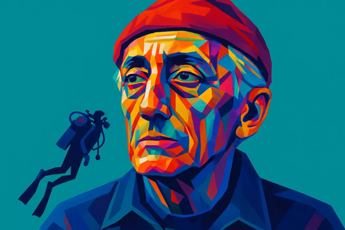 Ilustração artística em estilo pop art de Jacques Cousteau (1910 – 1997), explorador, oceanógrafo, cineasta e inventor francês, reconhecido mundialmente por suas contribuições à pesquisa marinha e à popularização da vida subaquática. Usando seu característico gorro vermelho, Cousteau aparece ao lado da silhueta de um mergulhador, simbolizando sua paixão pelos oceanos e sua atuação pioneira no mergulho com escafandro autônomo.