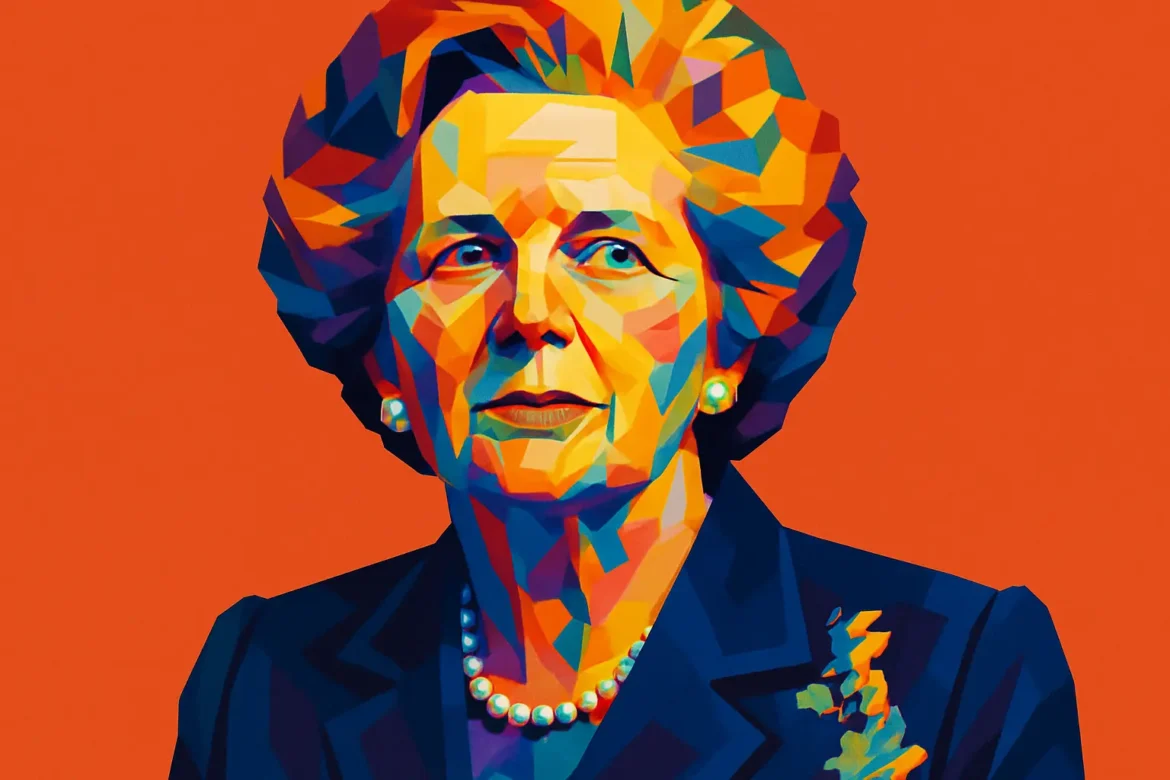 Retrato artístico em estilo pop art de Margaret Thatcher (1925–2013), a primeira mulher a ocupar o cargo de primeira-ministra do Reino Unido, exercendo o mandato de 1979 a 1990. Conhecida como a 'Dama de Ferro', Thatcher foi uma figura central do conservadorismo britânico e implementou políticas econômicas liberais marcadas pela redução do poder dos sindicatos, privatizações e cortes em serviços públicos. Seu governo marcou profundamente a política britânica e internacional no final do século XX.
