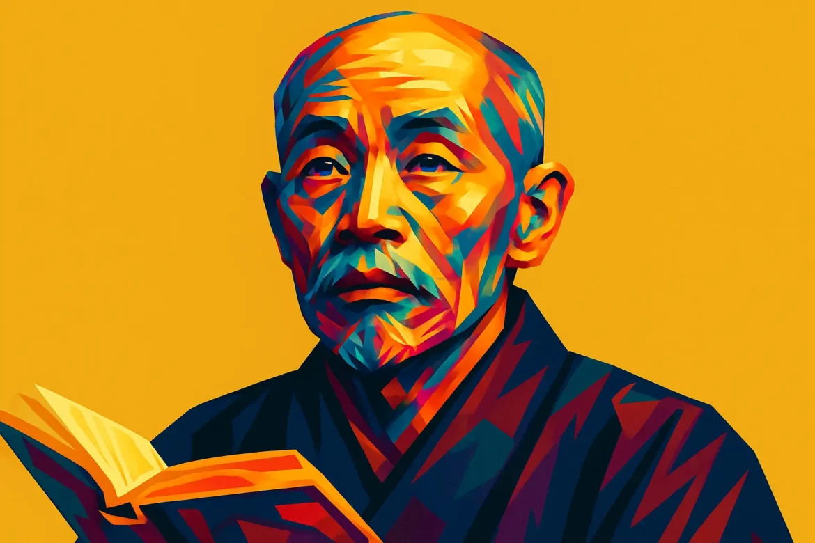 Retrato artístico de Nishida Kitaro (1870–1945), importante filósofo japonês e fundador da Escola de Kyoto. Conhecido por integrar filosofias orientais, especialmente o Zen-budismo, com conceitos da filosofia ocidental, sua obra buscou unir lógica e experiência contemplativa. Seu pensamento influenciou profundamente o desenvolvimento do pensamento filosófico moderno no Japão e teve impacto duradouro na história da filosofia mundial.