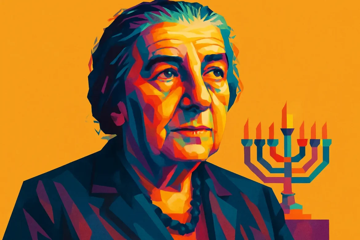 Retrato artístico e colorido de Golda Meir (1898 – 1978), destacada figura política e primeira mulher a ocupar o cargo de primeira-ministra de Israel. Conhecida por sua liderança firme durante momentos decisivos da história do país, incluindo a Guerra do Yom Kippur, Meir foi uma das fundadoras do Estado de Israel e símbolo da luta pela autodeterminação do povo judeu. Ao fundo, a imagem de uma menorá reforça a identidade cultural e religiosa do povo que ela representava.