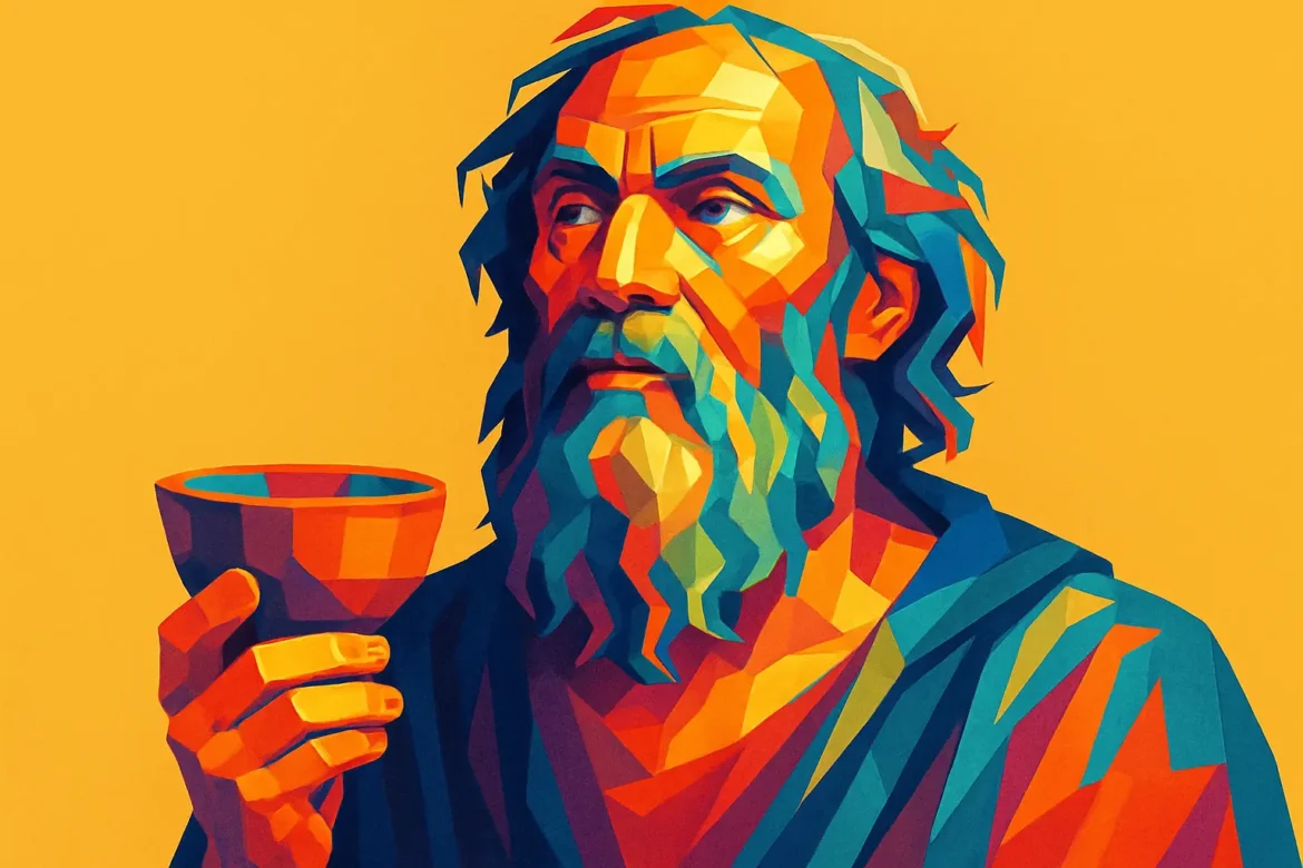 Ilustração vibrante de Diógenes de Sinope (412 a.C. – 323 a.C.), filósofo da escola cínica da Grécia Antiga, segurando uma tigela simples. Conhecido por seu estilo de vida austero e por criticar os valores da sociedade de sua época, Diógenes acreditava que a verdadeira felicidade estava na virtude e na simplicidade. Sua filosofia desafiava o luxo e os excessos, promovendo uma existência em harmonia com a natureza e a razão.