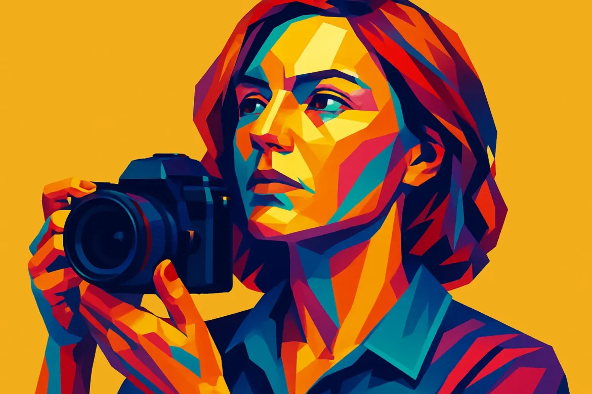 Ilustração em estilo pop art vibrante de uma mulher segurando uma câmera fotográfica, com expressão concentrada e olhar atento. As cores fortes e contrastantes destacam a intensidade do momento, representando visualmente o conceito de foco — tanto no ato de fotografar quanto na determinação interior necessária para alcançar objetivos.