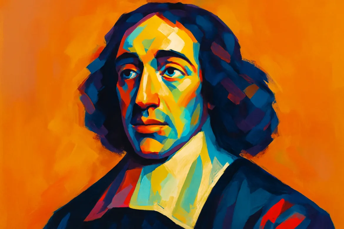 Retrato artístico e estilizado de Baruch Spinoza (1632 – 1677), influente filósofo holandês do século XVII, associado ao racionalismo e à filosofia moderna. Reconhecido por suas ideias sobre liberdade, ética e a natureza de Deus, Spinoza desafiou dogmas religiosos e propôs uma visão panteísta do universo. Este retrato vibrante reflete a profundidade e a ousadia de seu pensamento, frequentemente vinculado à busca da verdadeira liberdade por meio da razão.