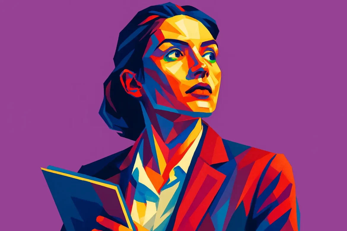 Ilustração digital em estilo pop art de uma mulher com expressão confiante e olhar focado, vestindo blazer e segurando um caderno. O fundo roxo vibrante e as cores saturadas destacam sua postura de ambição e determinação, simbolizando a busca por conhecimento, sucesso e realização pessoal.