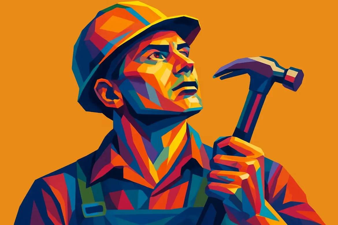 Ilustração vibrante em estilo pop art de um operário vestindo capacete e uniforme, segurando um martelo com firmeza e expressão determinada. A imagem simboliza a coragem cotidiana dos trabalhadores que constroem o mundo com esforço e dignidade, representando força, persistência e esperança diante dos desafios.