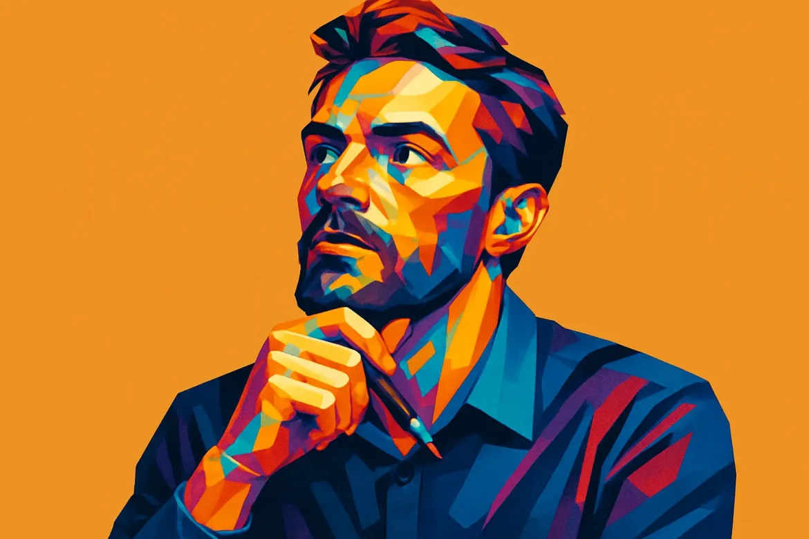 Arte digital com cores intensas e contrastantes retrata um homem de aparência pensativa, com a mão no queixo, olhando para cima em atitude contemplativa. O fundo laranja vibrante destaca o momento de introspecção, simbolizando o tema do crescimento pessoal e a busca por autoconhecimento.