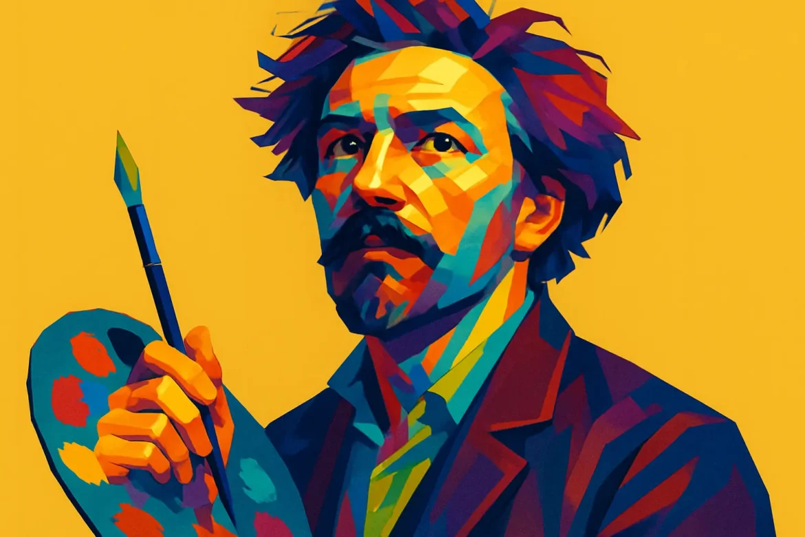 Imagem vibrante com representação estilizada de um pintor segurando uma paleta e um pincel, em estilo pop art digital. O fundo amarelo sólido destaca as cores intensas que compõem o rosto e as roupas do personagem. Com expressão inspirada e olhar voltado para cima, a imagem remete ao processo criativo e à busca por novas ideias, simbolizando o tema da criatividade e sua força transformadora na arte.