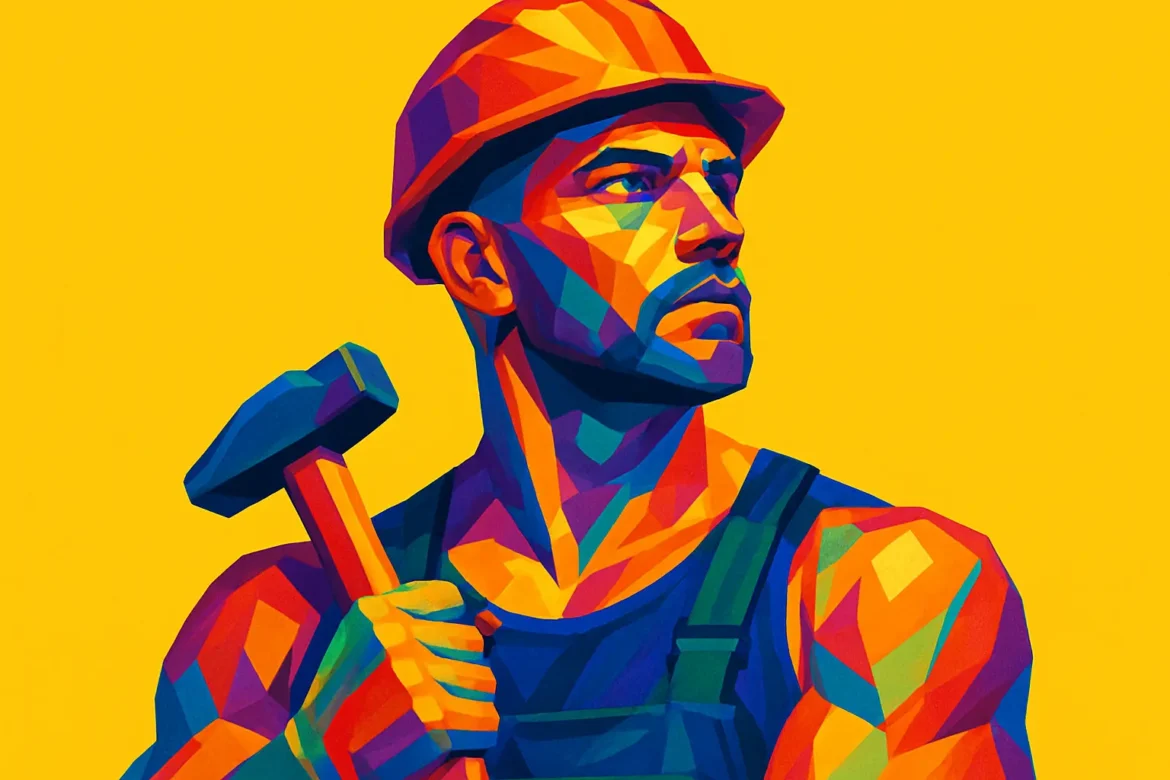 Imagem colorida em estilo pop art retrata um trabalhador vestindo capacete e segurando um martelo, olhando confiantemente para o horizonte. A composição vibrante e geométrica destaca o tema da disciplina como base do trabalho árduo, da persistência e da construção de conquistas sólidas ao longo do tempo.
