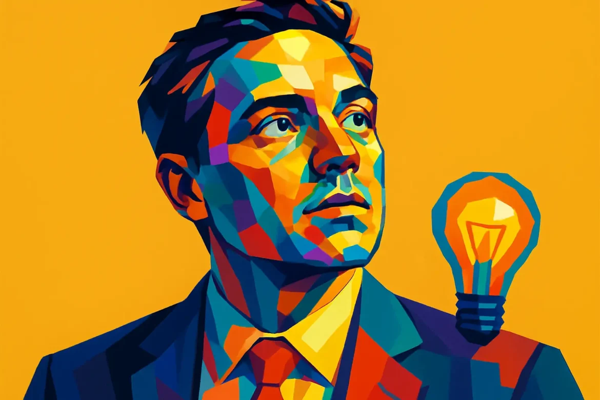Imagem artística em estilo pop art de um homem em traje formal, com expressão pensativa voltada para cima, sobre um fundo amarelo vibrante. Ao lado de sua cabeça, destaca-se uma lâmpada acesa, remetendo ao símbolo universal da ideia e da criatividade. A composição combina cores intensas e formas geométricas, representando o tema da inovação de maneira ousada e contemporânea.