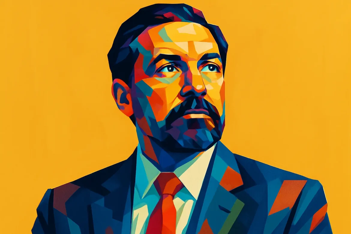 Retrato artístico de um homem com expressão confiante, usando terno e gravata vermelha, representando uma figura de liderança. A imagem utiliza um estilo geométrico vibrante e colorido sobre um fundo amarelo, transmitindo força, decisão e inspiração — qualidades essenciais de um verdadeiro líder. Este retrato sintetiza visualmente o poder da presença e da visão estratégica frequentemente celebrados nas 20 frases sobre liderança.
