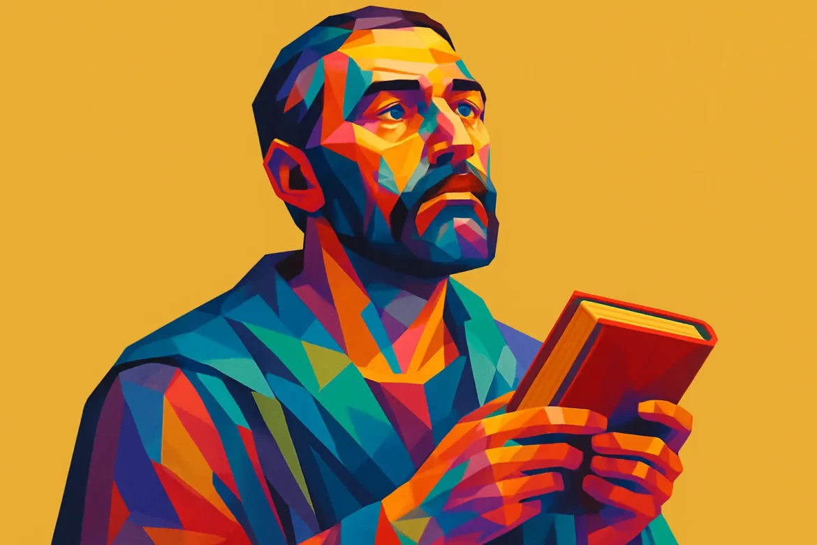 Ilustração vibrante em estilo pop art de um homem com expressão serena e contemplativa, segurando um livro junto ao peito. A composição multicolorida e geométrica representa o tema da paciência, simbolizada pelo olhar voltado para cima e o gesto de quietude, sugerindo introspecção, sabedoria e reflexão silenciosa.