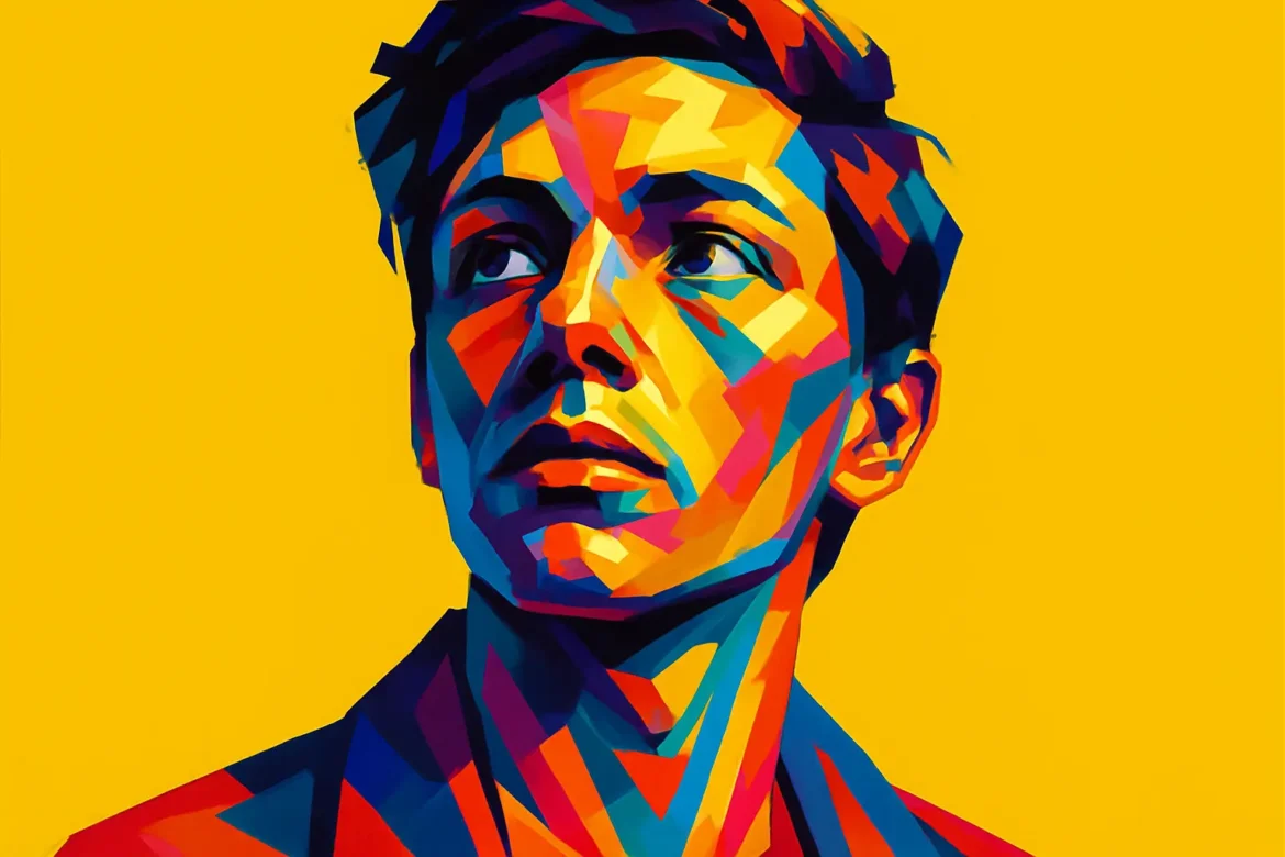 Ilustração em estilo pop art de um jovem com expressão contemplativa, olhando para o alto em meio a um fundo amarelo vibrante. As cores intensas e geométricas transmitem a energia, a ousadia e a esperança dos sonhos e aspirações. A imagem simboliza a força interior e o olhar visionário de quem acredita no poder de sonhar alto.