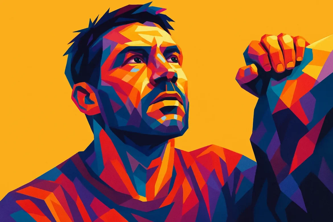 Ilustração em estilo vetorial e multicolorido de um homem escalando uma rocha, com expressão de foco e superação. O fundo amarelo vibrante contrasta com os tons intensos de azul, vermelho e roxo do personagem, simbolizando força interior, resistência e a luta constante para superar obstáculos. A imagem evoca resiliência e perseverança diante das adversidades do caminho.