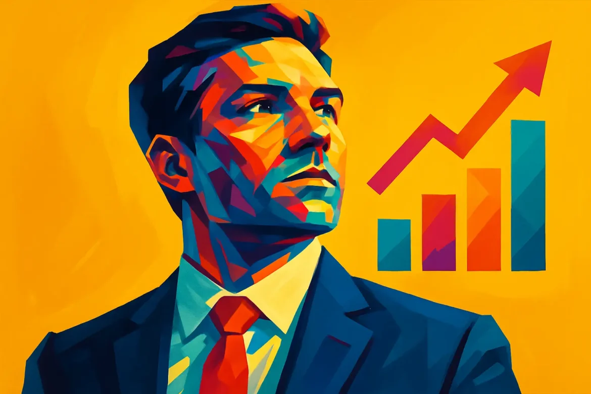 Ilustração colorida e estilizada de um homem de terno, com expressão determinada, representando um empreendedor em ascensão. Ao fundo, um gráfico com barras em crescimento e uma seta apontando para cima simboliza o sucesso, progresso e superação — valores essenciais inseridos no universo do empreendedorismo.