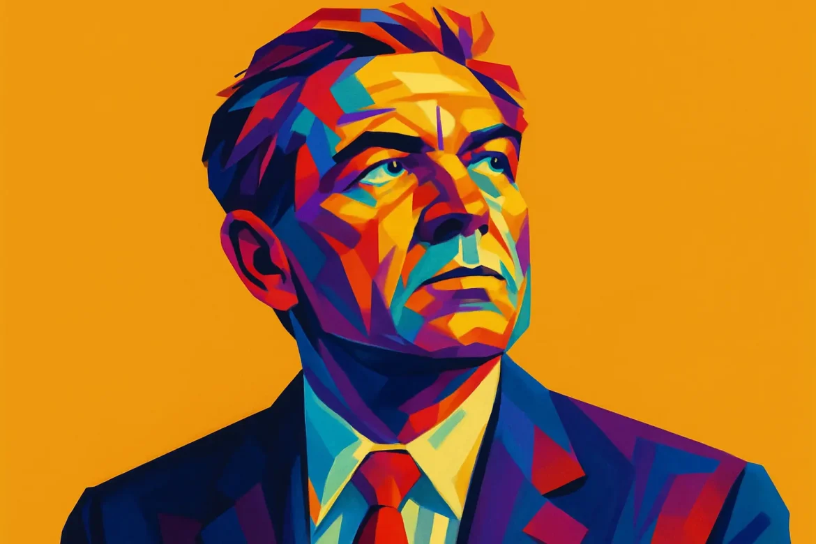 Ilustração vibrante e colorida de um homem maduro em terno e gravata, olhando pensativamente para o alto, sobre um fundo amarelo intenso. A arte em estilo geométrico destaca contrastes de cores e evoca profundidade emocional, representando a experiência acumulada ao longo dos anos e a busca contínua por conhecimento e significado na vida.