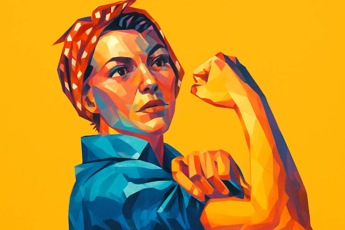 Ilustração colorida e estilizada inspirada no famoso pôster 'We Can Do It!', criado na década de 1940, que se tornou um símbolo do empoderamento feminino. A figura central, com lenço vermelho de bolinhas e expressão determinada, exibe força interior ao flexionar o braço, representando coragem, autoestima e a capacidade da mulher de superar desafios com determinação e confiança.