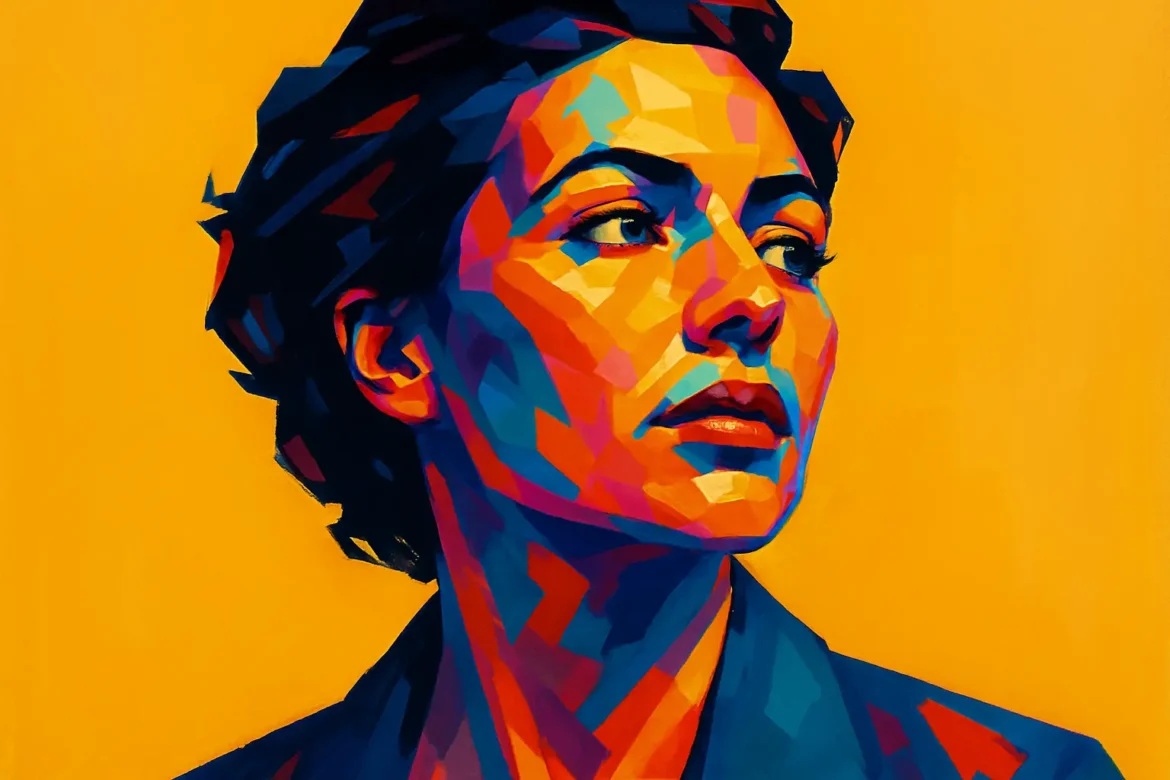 Imagem estilizada de uma mulher exibindo um retrato moderno e impactante, construído com formas geométricas e cores vivas como azul, vermelho, laranja e roxo, sobre um fundo amarelo intenso. A figura expressa introspecção e determinação, simbolizando a transformação interior e a força necessária para encarar mudanças na vida.