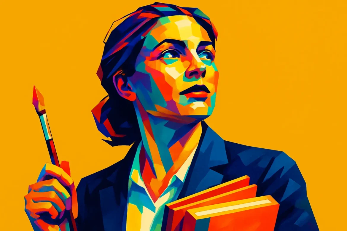 Ilustração em estilo pop art de uma mulher segurando pincel e livros, simbolizando liderança, criatividade e dedicação ao trabalho em equipe. As cores vibrantes reforçam a energia e a inspiração necessárias na colaboração entre profissionais em ambientes criativos e educativos, destacando a importância do esforço conjunto para alcançar objetivos comuns.