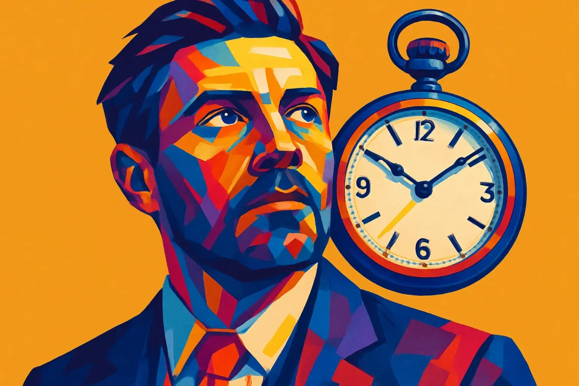 Ilustração em estilo pop art de um homem de terno expressando contemplação, acompanhado de um grande relógio de bolso ao fundo, marcando aproximadamente 10h10. A composição vibrante e colorida representa simbolicamente a reflexão sobre o tempo, suas oportunidades e inevitabilidades. O fundo laranja intenso enfatiza a energia e a urgência relacionadas à percepção do tempo na vida moderna.