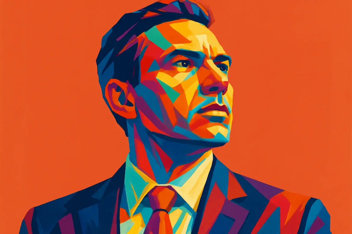 Ilustração estilizada de um homem em traje formal, com expressão confiante e olhar voltado para cima, simbolizando ambição, foco e determinação na busca por objetivos e metas. A paleta vibrante de cores transmite energia, inspiração e a força necessária para transformar sonhos em realizações concretas.