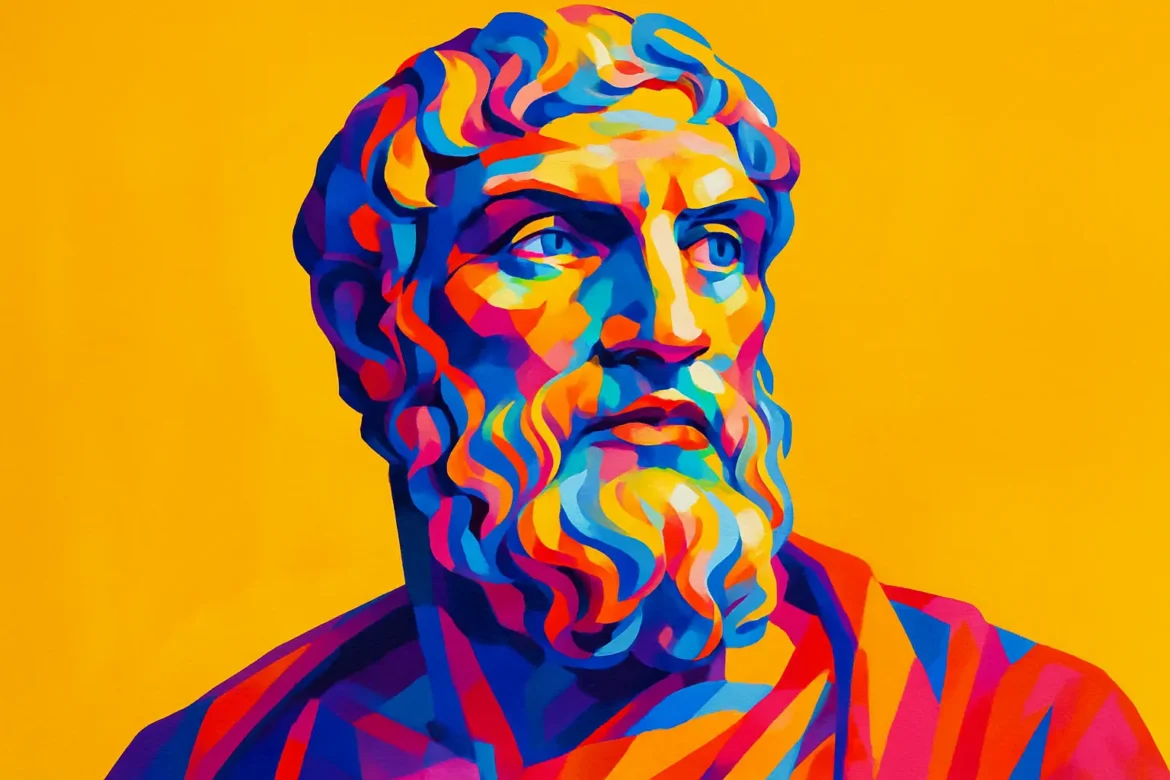 Retrato artístico estilizado de Epicuro (341 a.C. – 270 a.C.), filósofo grego fundador do epicurismo. Com cores vibrantes em tons de azul, vermelho e amarelo sobre um fundo amarelo intenso, a obra destaca a serenidade e a contemplação do pensador, cuja filosofia valorizava o prazer moderado, a amizade e a ausência de perturbações como caminhos para a verdadeira felicidade.