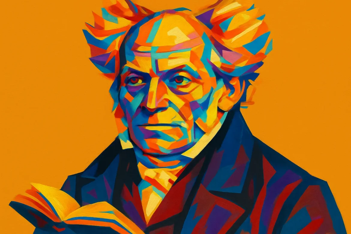 Retrato artístico em estilo pop art de Arthur Schopenhauer (1788 – 1860), renomado filósofo alemão conhecido por sua filosofia do pessimismo e pela obra principal 'O Mundo como Vontade e Representação'. Com expressão séria e segurando um livro, Schopenhauer é apresentado em cores vibrantes que contrastam com o tom sombrio de suas ideias, refletindo sua visão crítica da existência humana, da vontade como força irracional e da dor como elemento central da vida.