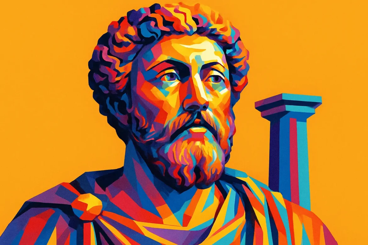 Retrato artístico em estilo pop art de Marco Aurélio (121 – 180 d.C.), imperador romano e uma das figuras mais influentes do estoicismo. Conhecido por sua obra 'Meditações', ele aplicou os princípios filosóficos estoicos para governar com sabedoria durante tempos turbulentos no Império Romano. A imagem vibrante reflete a força e a serenidade de seu pensamento frente às adversidades da vida.