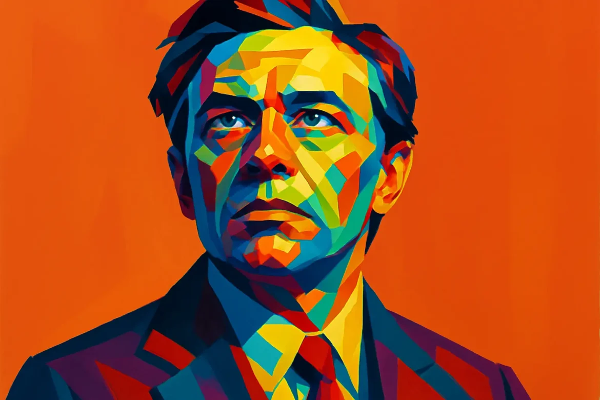 Imagem vibrante em estilo pop art retrata um homem de terno, com expressão séria e olhar contemplativo voltado para cima, contra um fundo laranja intenso. As cores vivas e multifacetadas simbolizam a complexidade das memórias e experiências passadas, reforçando o tema '10 Frases sobre Passado' com uma representação visual que remete à introspecção, reflexão e reconstrução emocional.