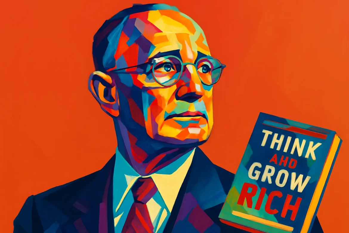 Retrato artístico e colorido de Napoleon Hill (1883–1970), renomado autor norte-americano e pioneiro do gênero de autoajuda, segurando o icônico livro 'Think and Grow Rich'. Publicada em 1937, a obra se tornou um dos livros mais influentes sobre sucesso pessoal e prosperidade financeira, baseada em anos de entrevistas com grandes empresários e líderes de seu tempo. Hill é lembrado por seu legado inspirador e por incentivar milhões de leitores a cultivarem uma mentalidade positiva e determinada.