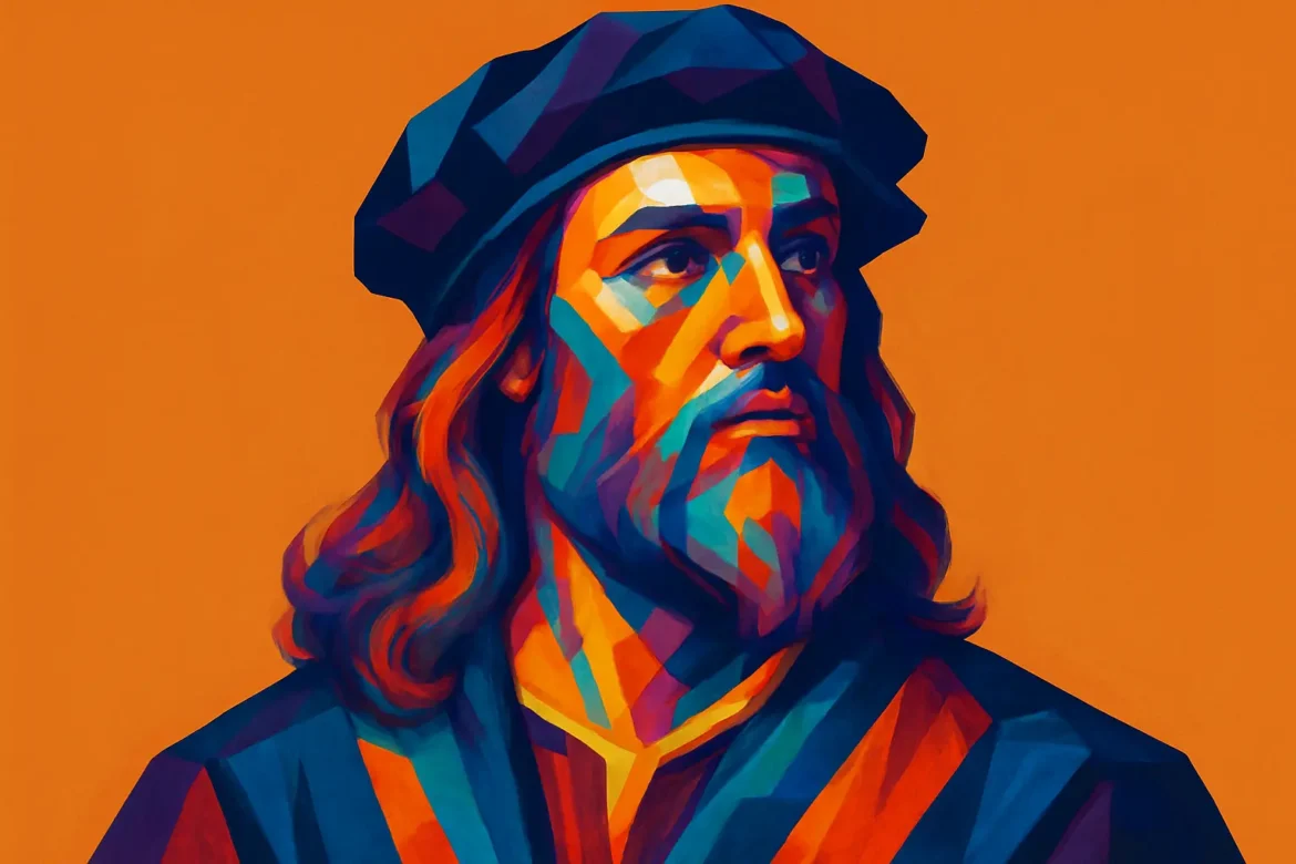 Ilustração vibrante em estilo geométrico e multicolorido que retrata um homem com vestes típicas do Renascimento, chapéu escuro e expressão contemplativa. Com fundo laranja sólido e uso marcante de tons azuis, vermelhos e laranjas no rosto e roupas, a imagem evoca o espírito do Renascimento — período de intensa efervescência artística, científica e filosófica na Europa, entre os séculos XIV e XVII. A escolha visual simboliza o renascimento das ideias clássicas e a valorização do indivíduo como centro criativo e racional do mundo.