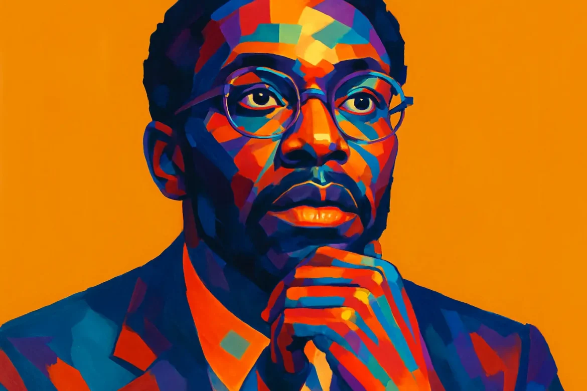 Ilustração em estilo pop art vibrante de um homem negro vestindo terno e óculos, com expressão contemplativa e olhar elevado, apoiando o queixo sobre a mão. As cores intensas e contrastantes – tons de azul, vermelho, laranja e amarelo – reforçam a profundidade emocional e filosófica da imagem, que evoca a reflexão sobre a alma e a busca interior. O fundo laranja sólido confere ainda mais destaque à figura central, acentuando o sentimento de introspecção e elevação espiritual.
