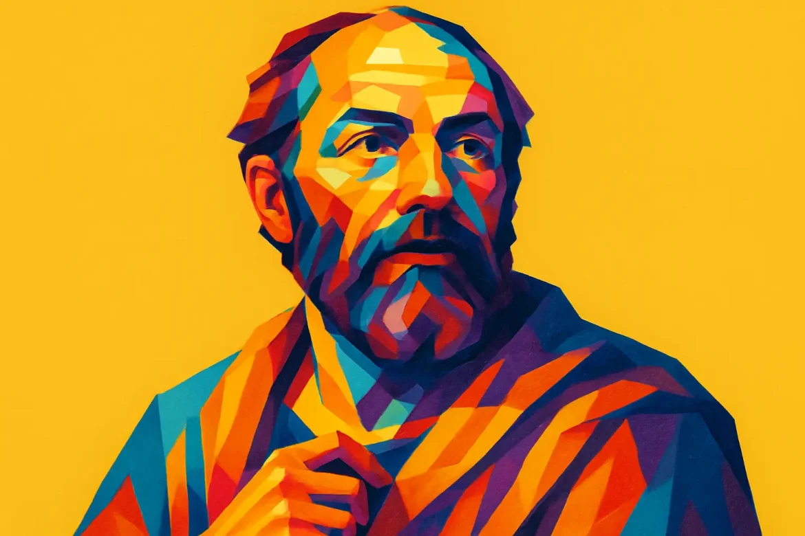 Imagem estilizada em pop art retratando um filósofo de aparência clássica, com expressão contemplativa e semblante sereno contra um fundo amarelo vibrante. As cores intensas e os ângulos geométricos reforçam a ideia de reflexão e profundidade, em sintonia com o tema da humildade — uma virtude essencial reconhecida por grandes pensadores ao longo da história.