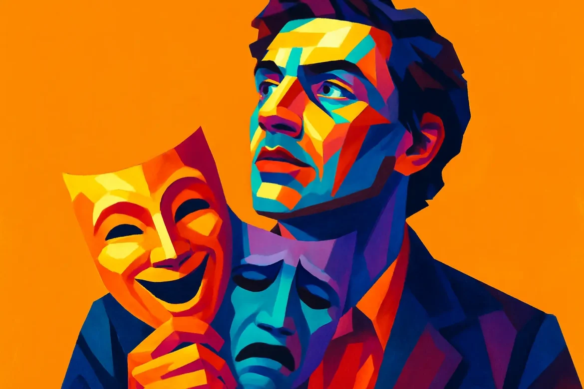 Ilustração vibrante de um homem segurando duas máscaras teatrais tradicionais – uma sorrindo e outra chorando – representando as emoções da comédia e tragédia. Com um fundo laranja intenso e cores vivas em estilo pop art, a imagem simboliza a dualidade do teatro e a profundidade emocional dos personagens em cena. O olhar reflexivo do personagem remete à introspecção e à arte de interpretar a alma humana por meio da dramaturgia.