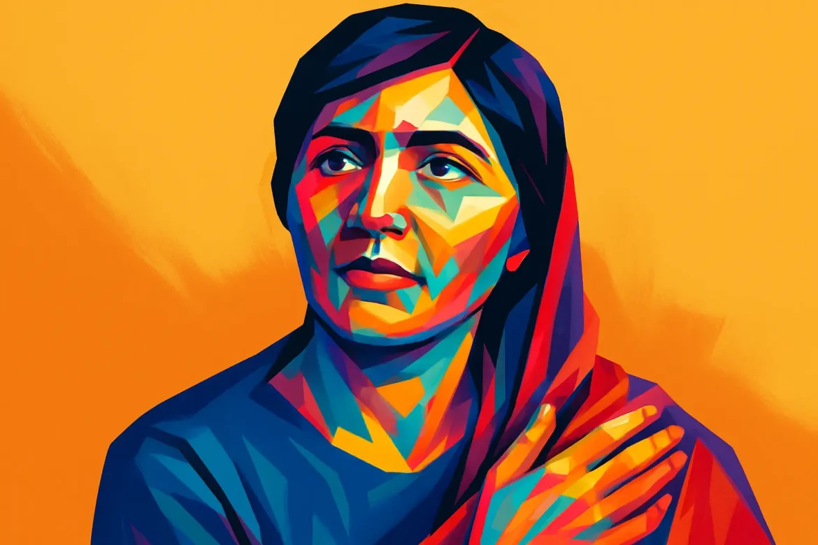 Ilustração vibrante e estilizada de uma mulher com expressão serena e gesto de empatia, envolvendo o peito com a mão, simbolizando o sentimento profundo de compaixão. As cores intensas e contrastantes sobre fundo amarelo criam uma atmosfera de calor humano e solidariedade, destacando o poder da empatia como força transformadora nas relações humanas.