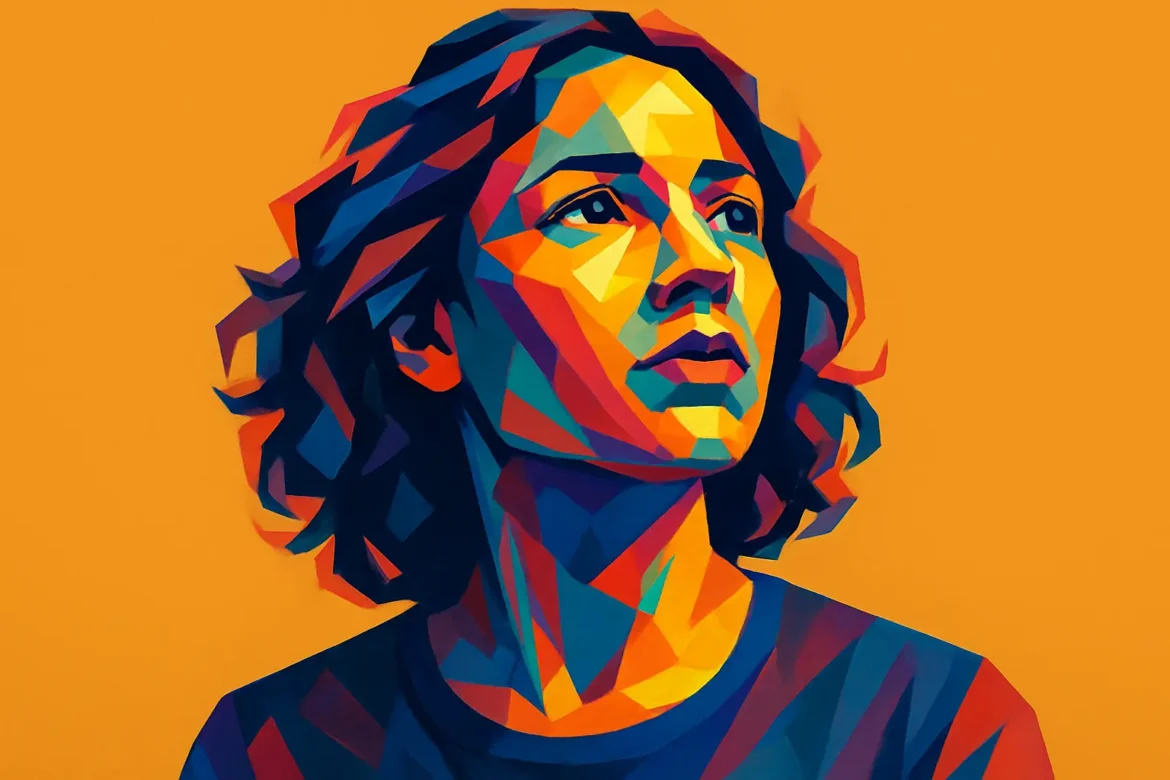 Ilustração vibrante de uma mulher com expressão contemplativa, criada em estilo geométrico e colorido, sobre fundo laranja intenso. A imagem representa, com traços modernos e paleta viva, a força interior e serenidade que acompanham o sentimento de gratidão. Essa composição remete à introspecção e ao reconhecimento das pequenas e grandes bênçãos da vida.