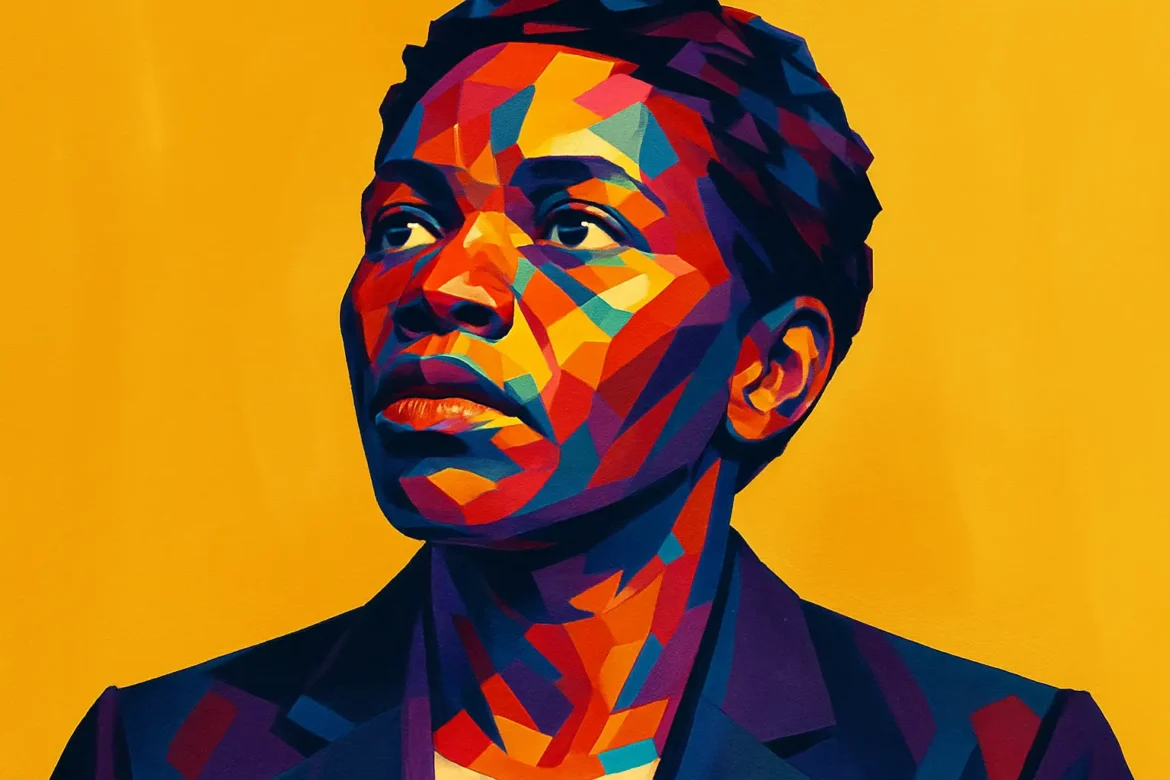 Ilustração digital em estilo geométrico e colorido retrata uma pessoa com expressão séria e determinada, vestindo um blazer escuro, voltada ligeiramente para o alto, simbolizando aspirações e força interior. O fundo amarelo vivo destaca a figura e enfatiza a mensagem de igualdade, dignidade e os direitos que devem ser assegurados a todos, independentemente da cor da pele, identidade de gênero ou origem social.