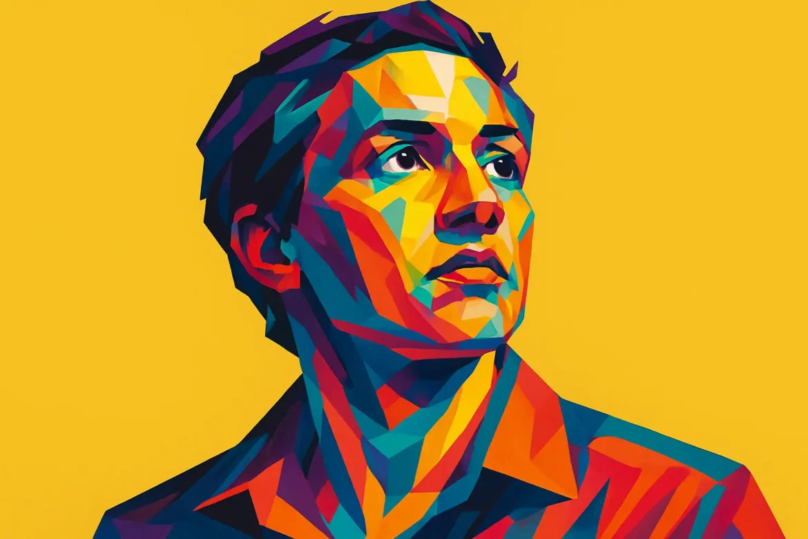 Imagem colorida em estilo pop art retrata uma pessoa anônima com expressão contemplativa, voltando o olhar para cima em um fundo amarelo vibrante. A composição transmite a ideia de introspecção e reflexão filosófica, simbolizando o tema do livre arbítrio e o poder das escolhas individuais diante da vida.