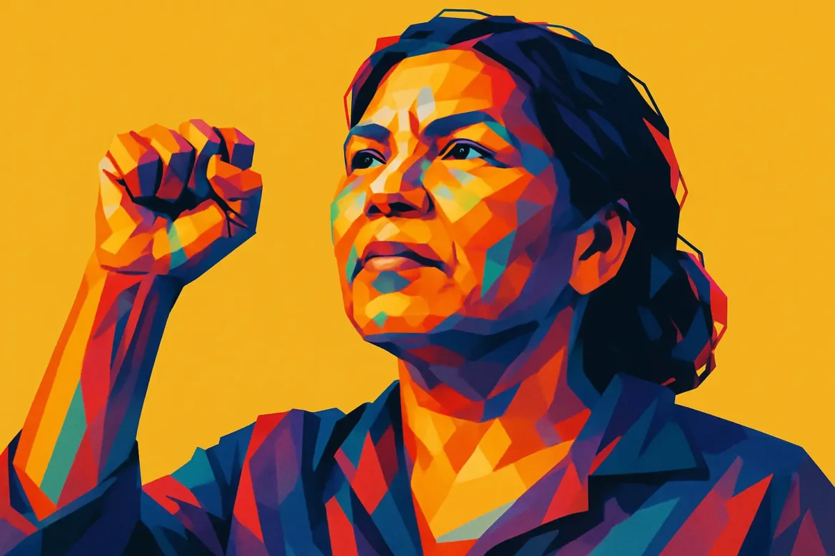 Arte digital vibrante retrata uma mulher com expressão determinada e punho cerrado erguido, simbolizando resistência, força e mobilização pelos direitos humanos. Com uma paleta de cores fortes e contrastantes sobre fundo amarelo, a imagem transmite a luta pela justiça, igualdade e dignidade para todos.