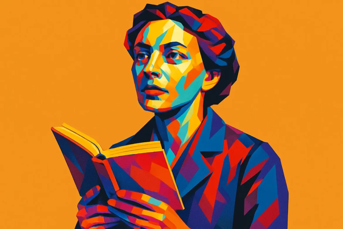 Arte digital em estilo pop art retrata uma mulher segurando um livro aberto, com expressão reflexiva, diante de um fundo laranja vibrante. A imagem transmite a intensidade emocional e intelectual proporcionada pela leitura e pela literatura, ressaltando o impacto transformador das palavras na construção do pensamento e da imaginação.