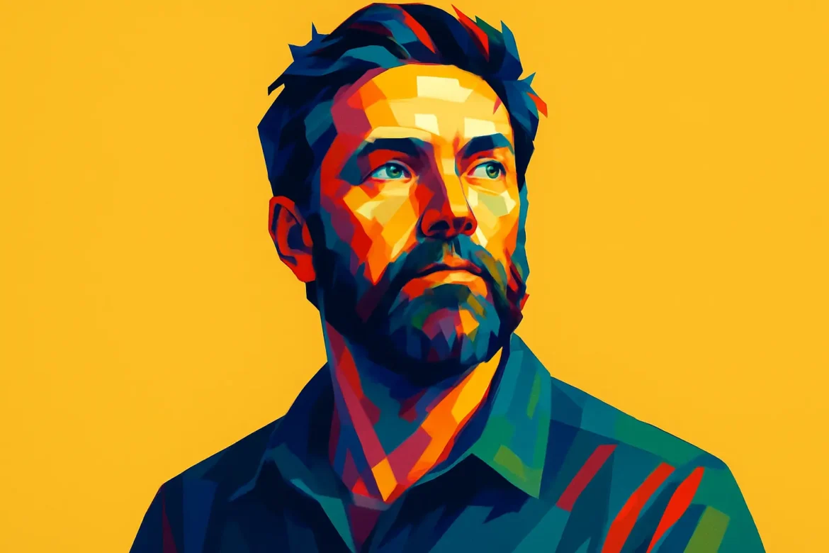 Ilustração digital de um homem com expressão contemplativa, representado em estilo pop art com cores vibrantes e geométricas. A figura está voltada levemente para a direita, com fundo amarelo sólido que destaca ainda mais o contraste das tonalidades azul, laranja, vermelho e verde em seu rosto e roupa. A imagem transmite intensidade emocional e criatividade, evocando temas contemporâneos como identidade, introspecção e consciência ambiental, em sintonia com reflexões sobre o meio ambiente.