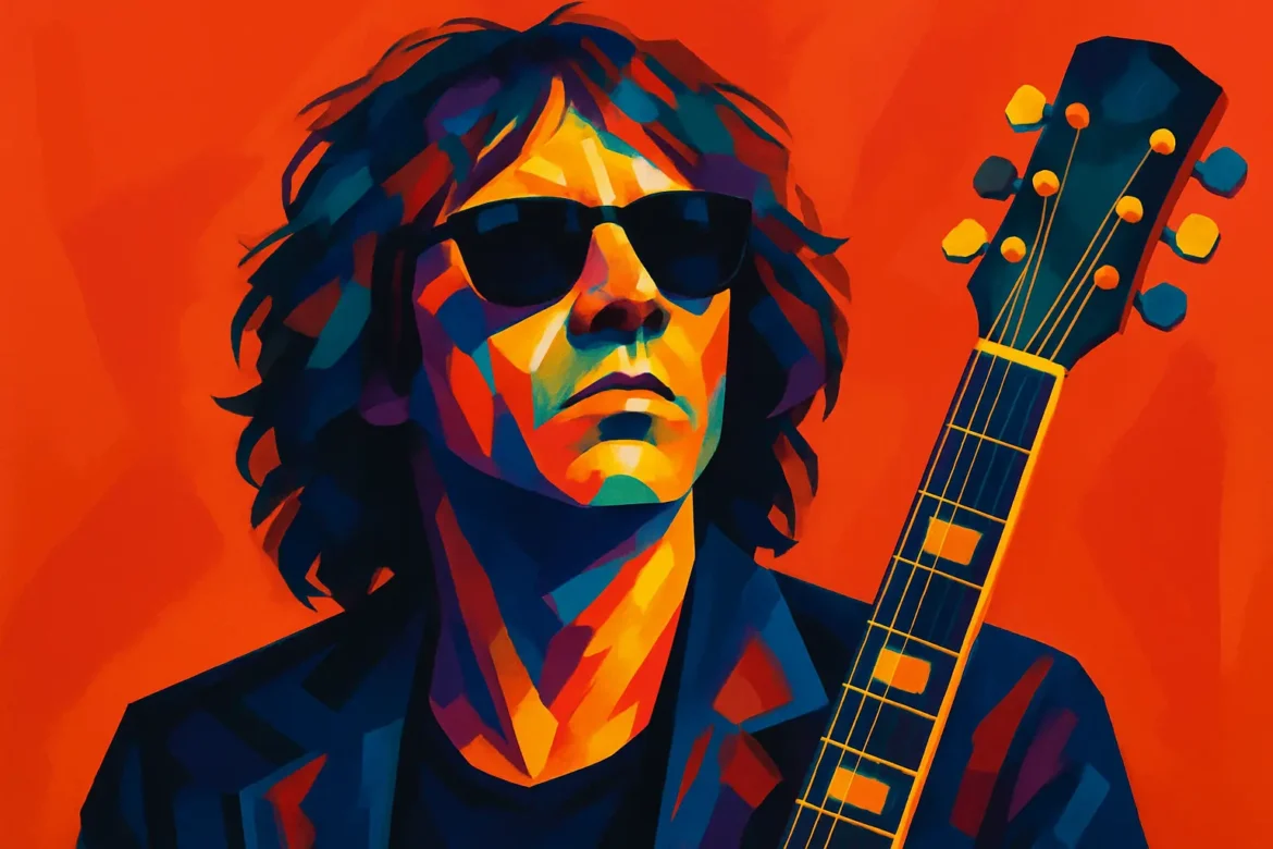 Ilustração digital vibrante e estilizada de um músico com cabelos longos, óculos escuros e expressão séria, segurando uma guitarra. A arte utiliza uma paleta intensa de cores quentes e frias com traços geométricos marcantes, transmitindo a energia e a expressividade emocional ligadas ao universo da música e da criatividade artística.