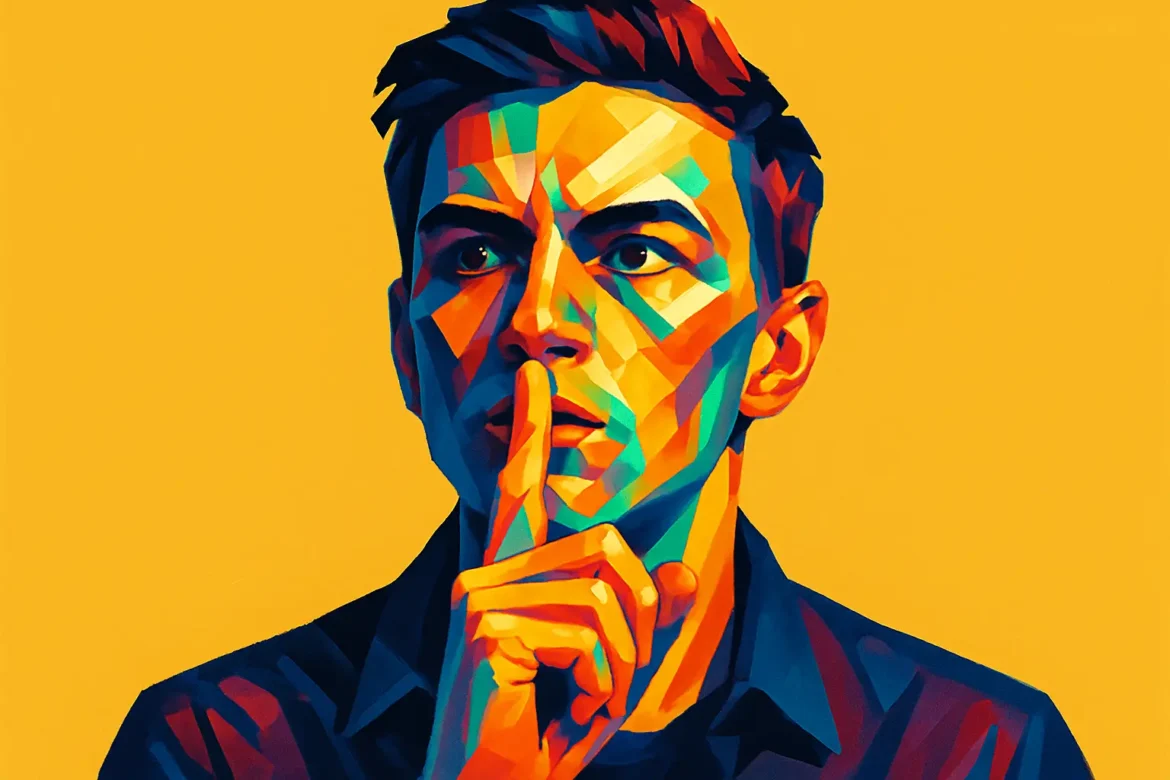 Ilustração estilizada e colorida de um homem com dedo indicador sobre os lábios, simbolizando o gesto universal de silêncio. A arte, com cores vivas e contrastes intensos, transmite a importância da introspecção e do poder do silêncio diante de um fundo amarelo vibrante, reforçando a intensidade da mensagem visual. Ideal para acompanhar reflexões sobre a quietude e o valor do não dito.